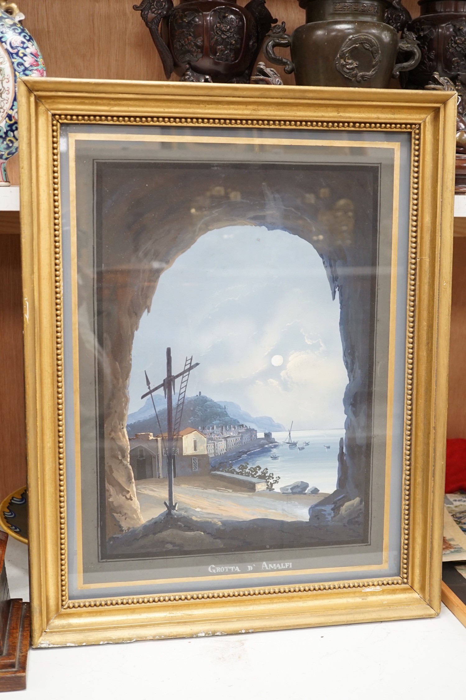 19th century Neapolitan School, pair of gouaches, 'Grotta D'Amalfi' and 'Grotta di Pozzuoli', overall 51 x 38cm